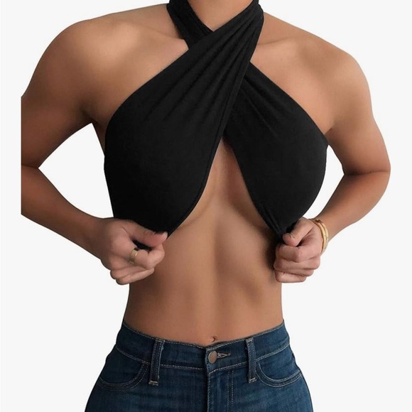 SHEIN Black Halter Tie Top - Criss Cross Crop, Size XS - Picture 1 of 7